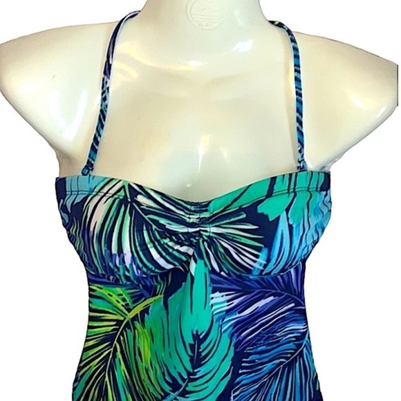 JANTZEN One Piece Swimsuit Size 8 Convertible Halter/Strapless Blue & Green Leaf - Picture 3 of 6